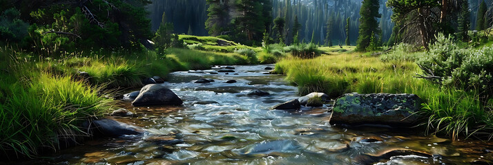 Wall Mural - crystalline streams in alpine meadows surrounded by tall green trees and grass, with a large rock in the foreground