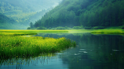 Wall Mural - harmony of water amidst green meadows and trees, with a tall tree standing out in the foreground