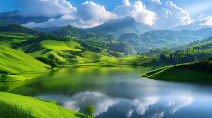 Wall Mural - harmony of water amidst green meadows and trees under a blue sky with white clouds