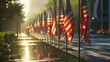 American flags on the street in the evening. 3d rendering.
