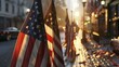 American flags on the street in the evening. 3d rendering.