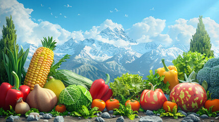 Fresh fruits and vegetables harvest scene illustration, agricultural crop products harvest background image