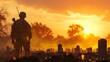 Silhouette of a soldier on the cemetery at sunset. Selective focus.