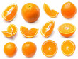 Set of Orange with sliced and green leaves isolated on white background. illustration