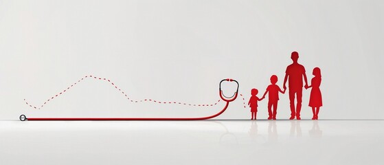 Red outline with forms to make shadows of two individuals and three children, vector illustration on a white background. Medical care or healthy lifestyle. Health care for children..