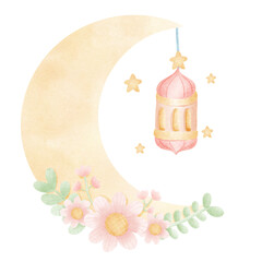 watercolor castle with a pink roof and a crescent moon