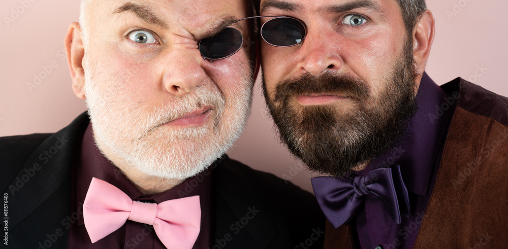 Hitster Humor Funny story and humor. Comic idea. Two hipsters man wear sunglasses ...