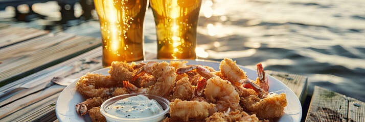 a plate of deep fried shrimp with aioli sauce and two pints of beer, generative AI
