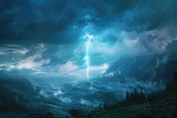 Poster - Fantasy landscape with stormy sky and lightning