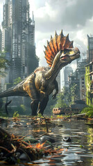 Wall Mural - Spinosaurus Navigating Flooded Urban Landscape:A Clash of Nature and Civilization