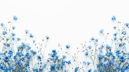 Blue flowers bordering the top and bottom on a white background, a concept of spring freshness. Generative AI