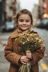 Wall Mural - a cute little girl in vintage clothes holding a bouquet of wildflowers