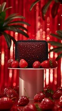 A Red Purse Is Displayed On A Table With A Bunch Of Red Strawberries. The Purse Is Covered In Diamonds And Pearls, And The Strawberries Are Fresh And Ripe. Concept Of Luxury And Indulgence