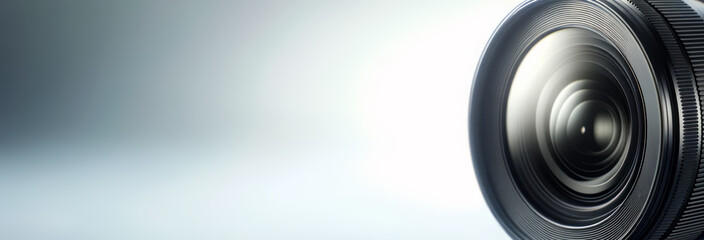 Poster - A close-up of a camera lens on a smooth gradient background, symbolizing technology and photography. Generative AI
