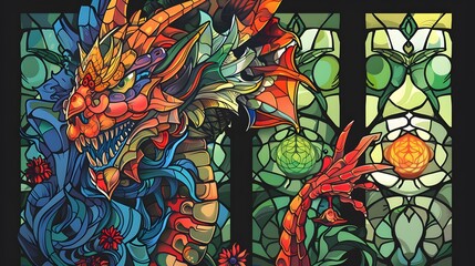 Stained glass window with colorful floral patterns depicting monster in a church setting.