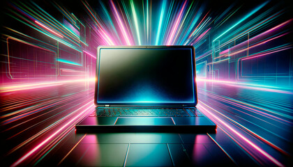 Poster - laptop with blank screen in a neon-lit futuristic setting, with a digital and modern design on a dyn