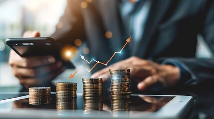 businessman using mobile phone to access financial charts and stacks of coin