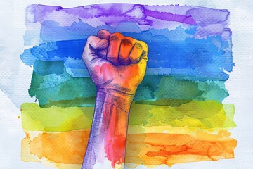 Wall Mural - A watercolor painting of a fist with rainbow colors.