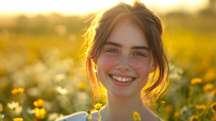 Happy 15 years old teenage girl portrait in middle of beautiful nature of a field with copy space