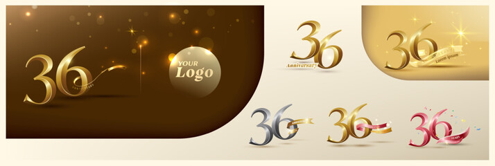 Wall Mural - 36th anniversary logotype modern gold number with shiny ribbon. alternative logo number Golden anniversary celebration