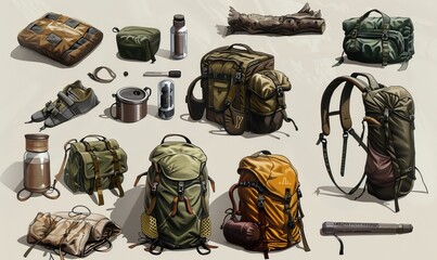 Hiking backpacks drawing isolated