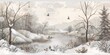 wallpaper winter landscape with dry plants and trees, old drawing vintage