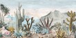 wallpaper landscape with desert and cactus, old drawing vintage 