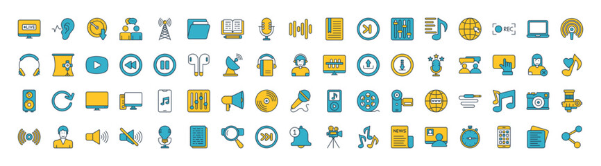Sticker - Podcast icons set. such as Listening, Live, Chapter, Slow Down, Communication, Antenna, Stream, Folder , Earbuds, Broadcast, Audiobook, Audio Editing and Download vector illustration.