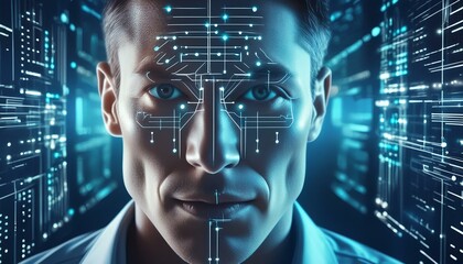 Wall Mural - close up of a person working on a computer, printed circuit board with processor, abstract binary code, the head of the mind, Create a surreal scene featuring a person's face merged with a computer sc