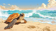 A clipart illustration of a happy-go-lucky turtle crawling on a sandy beach