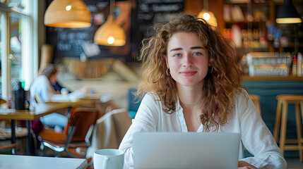 Young woman working in modern business office. Student girl using laptop computer at cafe. Business, work from home, online shopping, freelance, distance learning, education, studying concept