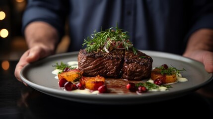 Wall Mural - restaurant chef serves a ready-made beef steak, medium-done, with vegetables and graniros on a white plate.