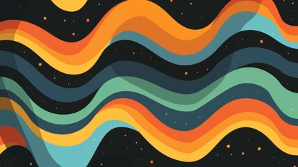 70s retro groovy background vector presentation design, minimal flat illustration of colorful waves pattern with stripes and shapes in yellow orange blue green on black background.