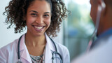 Fototapeta  - a pleasant preventive check-up at the doctor's. young and beautiful curly african american female doctor 