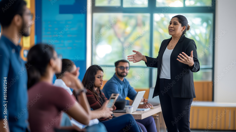 indian woman leader giving a presentation Stock Illustration | Adobe Stock