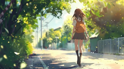 A girl goes to school with a backpack. Illustration in cartoon anime style.