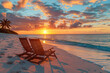 Tropical Beach Sunset with Lounge Chairs