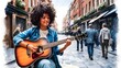 Close-up women playing acoustic guitar on walking street on watercolor illustration painting background.