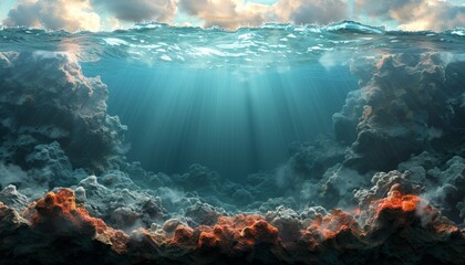 Underwater coral reef with sunlight shining through the water surface.