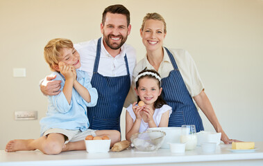 Sticker - Baking, ingredients or recipe with portrait of family in kitchen of home together for cooking pastry. Mother, father and children learning how to bake with parents teaching kids in apartment together