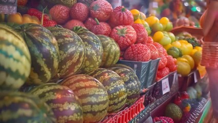 Wall Mural - Customers pick fresh watermelons from a stall at a local market. Suitable for summer or nutrition concepts.