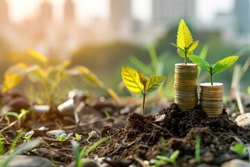 A small plant is growing on top of two coins