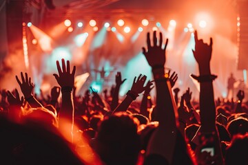 Big crowd of people having fun at concert, hands up and enjoying music performance on stage with bright lights and smoke in the background.
