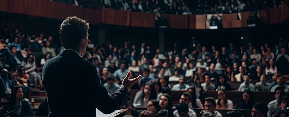 A business man giving a presentation at a conference or to an audience of people at a professional town hall for a public event