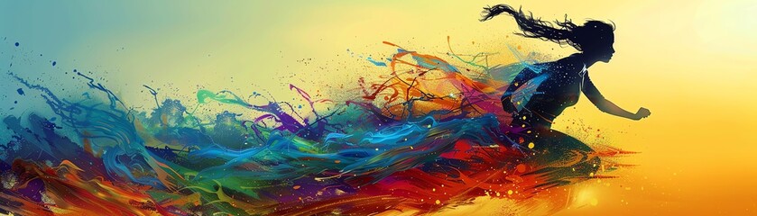 Colorful abstract art of a woman in motion, running with a focused expression, stylized with vivid hues and dynamic strokes