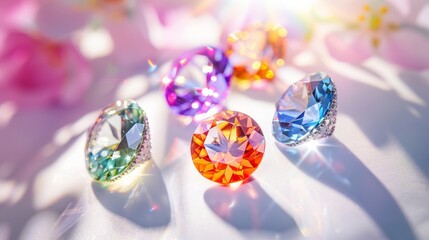 Multi colored gems or gemstones shine from the sunlight. Jewelry