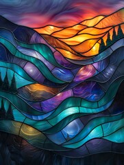 Wall Mural - Stained glass depicting the Northern Lights with undulating green and purple lights