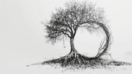 Illustration of a tree with roots and branches intertwining to form a circle, representing the cycle of life and eternity