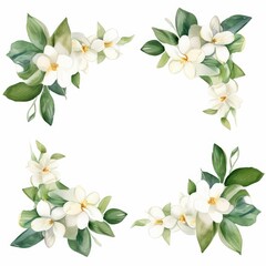 Wall Mural - jasmine themed frame or border for photos and text. delicate white flowers and green leaves. watercolor illustration,  For packaging, greeting and invitation cards and labels. For banners, flyers.