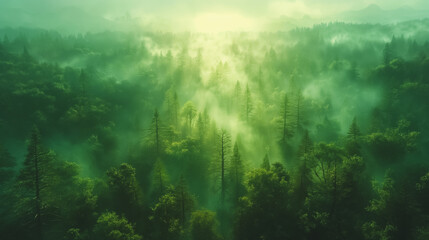  A lush green forest with foggy mist in the air